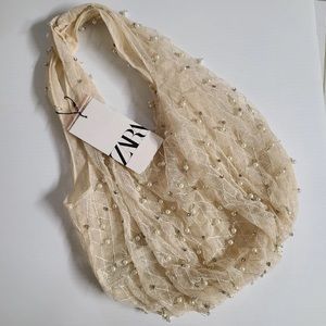 ZARA  ORGANZA BUCKET BAG WITH PEARLS WHITE